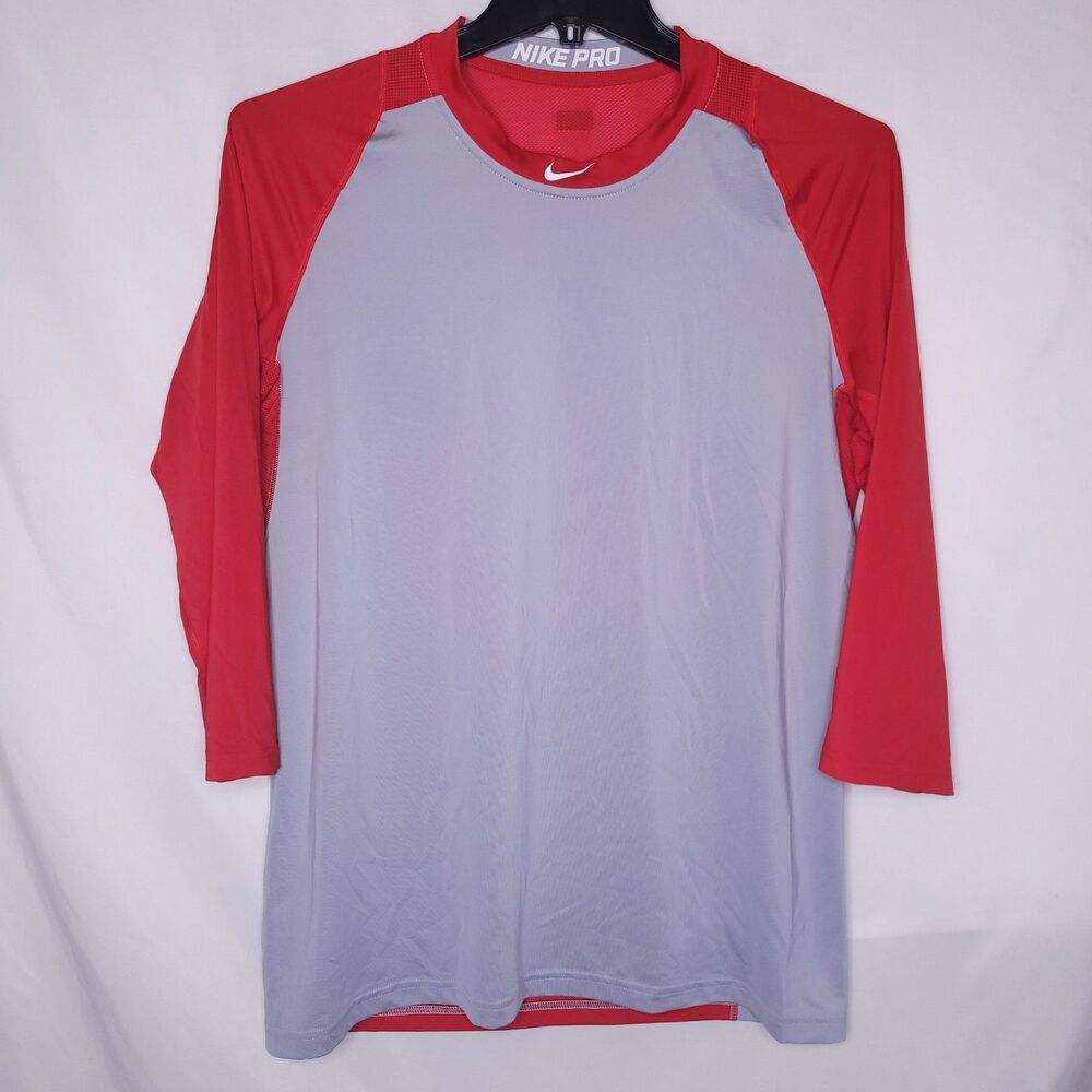Nike Pro Baseball T Shirt Mens Large Red, Gray Dri Fit Slim Fit